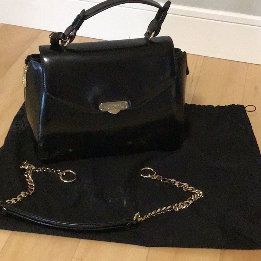 Versace black leather handbag 13”L, 10”H,5”D handles-4 3/4 H made in Italy